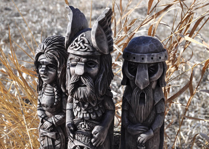 Hand-Carved Norse Gods Statues – Odin, Thor & Freyja in Linden Wood