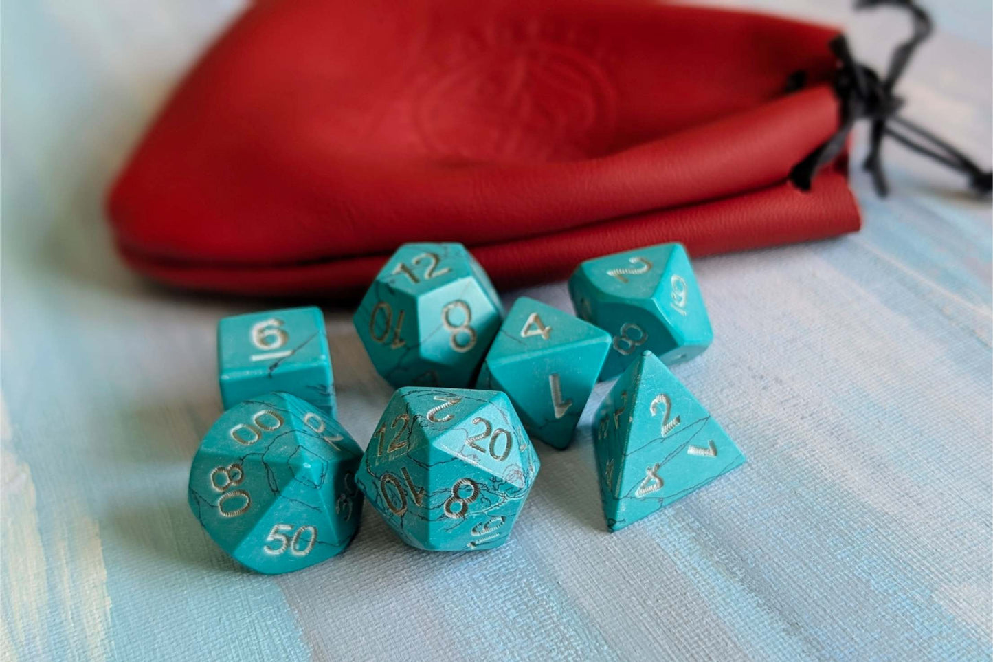 Hand-Carved Turquoise DnD Dice Set with Leather Bag – Natural Stone RPG Dice
