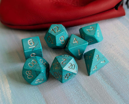 Hand-Carved Turquoise DnD Dice Set with Leather Bag – Natural Stone RPG Dice