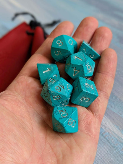 Hand-Carved Turquoise DnD Dice Set with Leather Bag – Natural Stone RPG Dice
