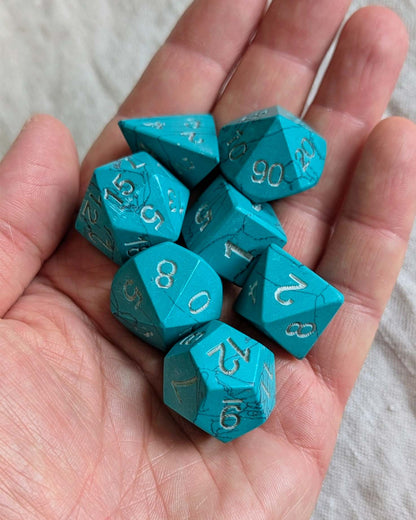 Hand-Carved Turquoise DnD Dice Set with Leather Bag – Natural Stone RPG Dice