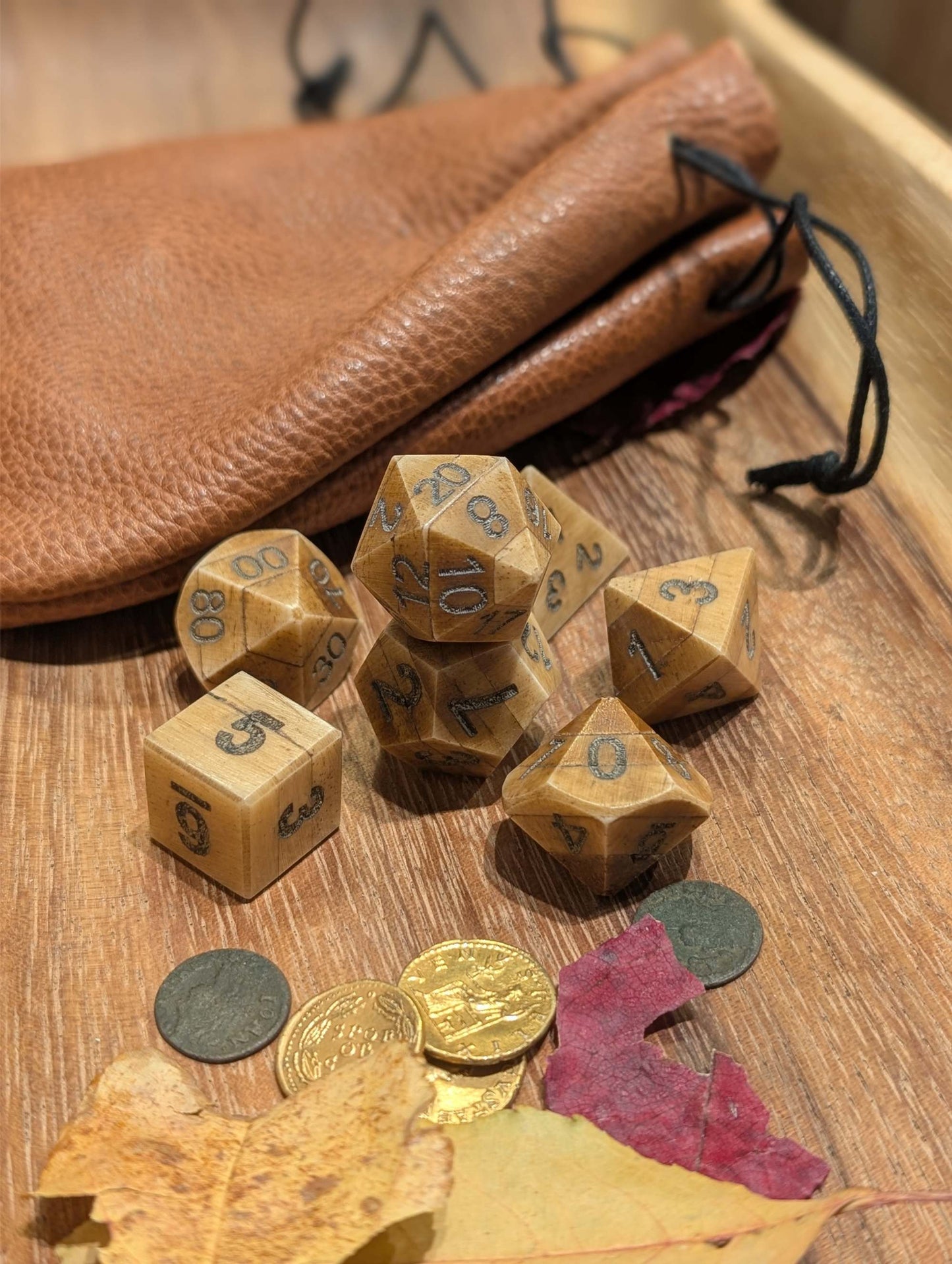 Hand-Carved DnD Dice Set in Patinated Bone with Leather Bag – Natural RPG Dice