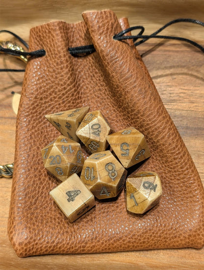 Hand-Carved DnD Dice Set in Patinated Bone with Leather Bag – Natural RPG Dice