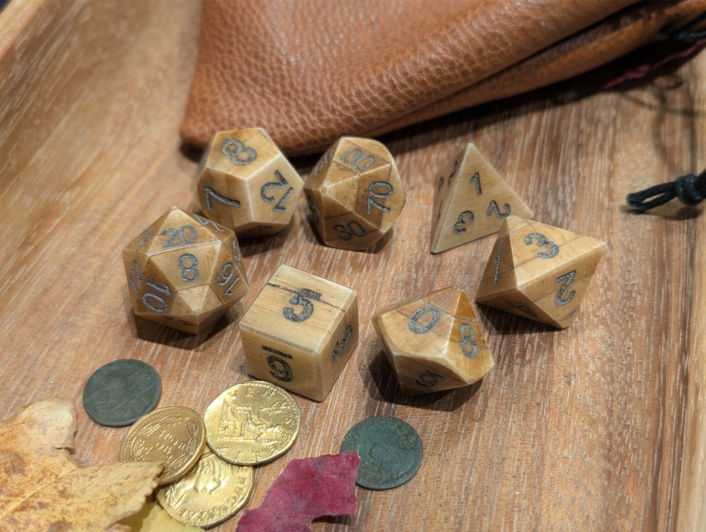 Hand-Carved DnD Dice Set in Patinated Bone with Leather Bag – Natural RPG Dice