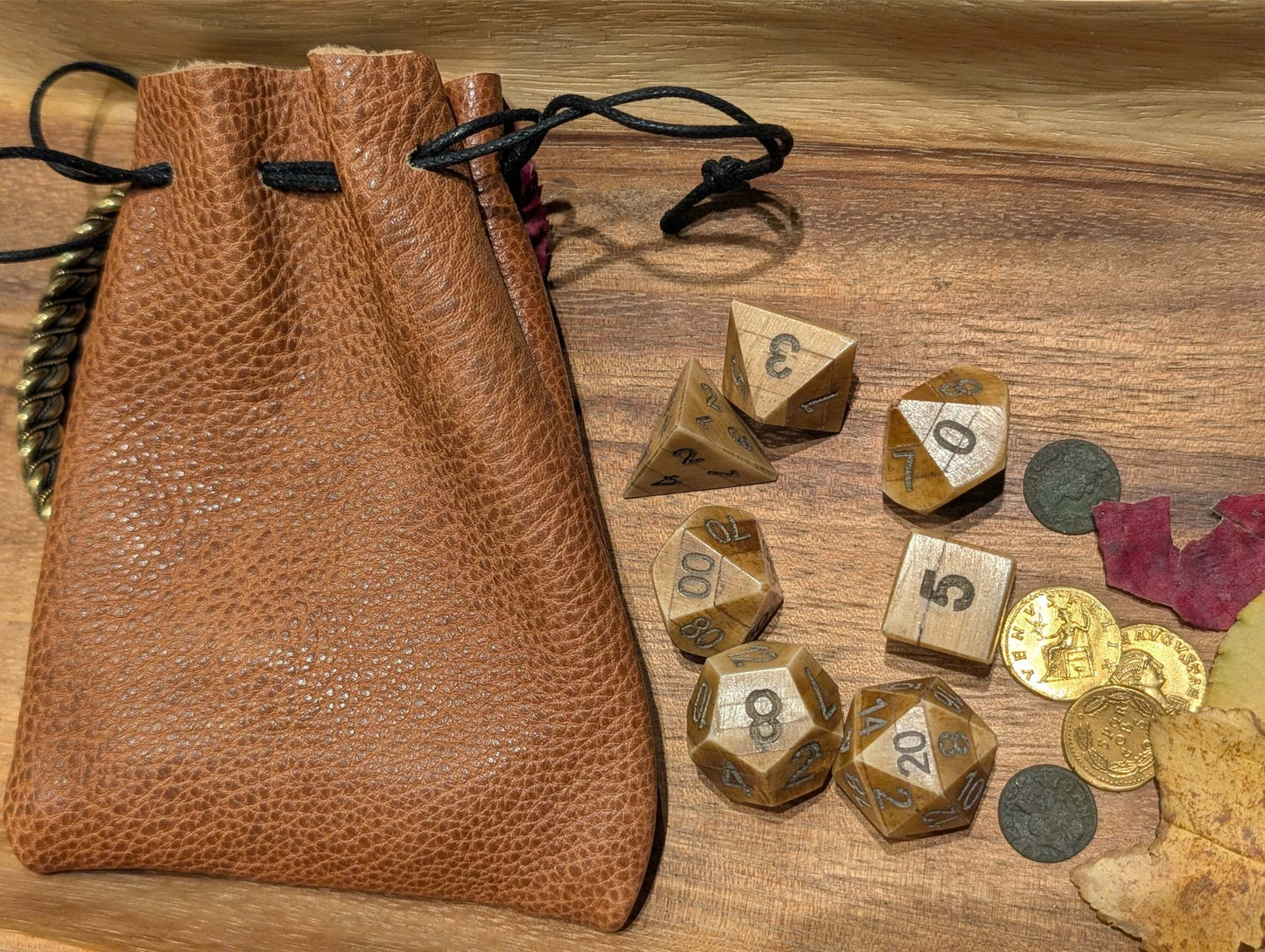 Hand-Carved DnD Dice Set in Patinated Bone with Leather Bag – Natural RPG Dice