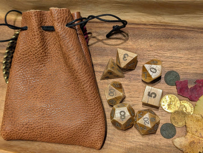 Hand-Carved DnD Dice Set in Patinated Bone with Leather Bag – Natural RPG Dice