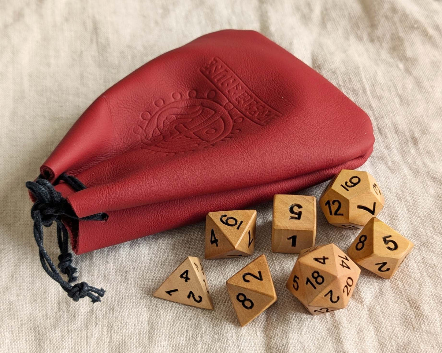 Hand-Carved Solid Wood DnD Dice Set with Leather Bag – Natural Wooden RPG Dice