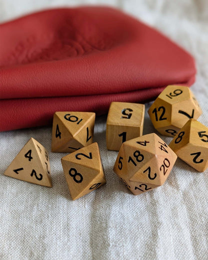 Hand-Carved Solid Wood DnD Dice Set with Leather Bag – Natural Wooden RPG Dice