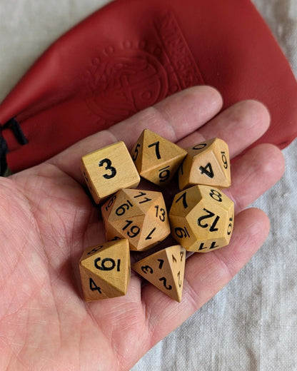 Hand-Carved Solid Wood DnD Dice Set with Leather Bag – Natural Wooden RPG Dice