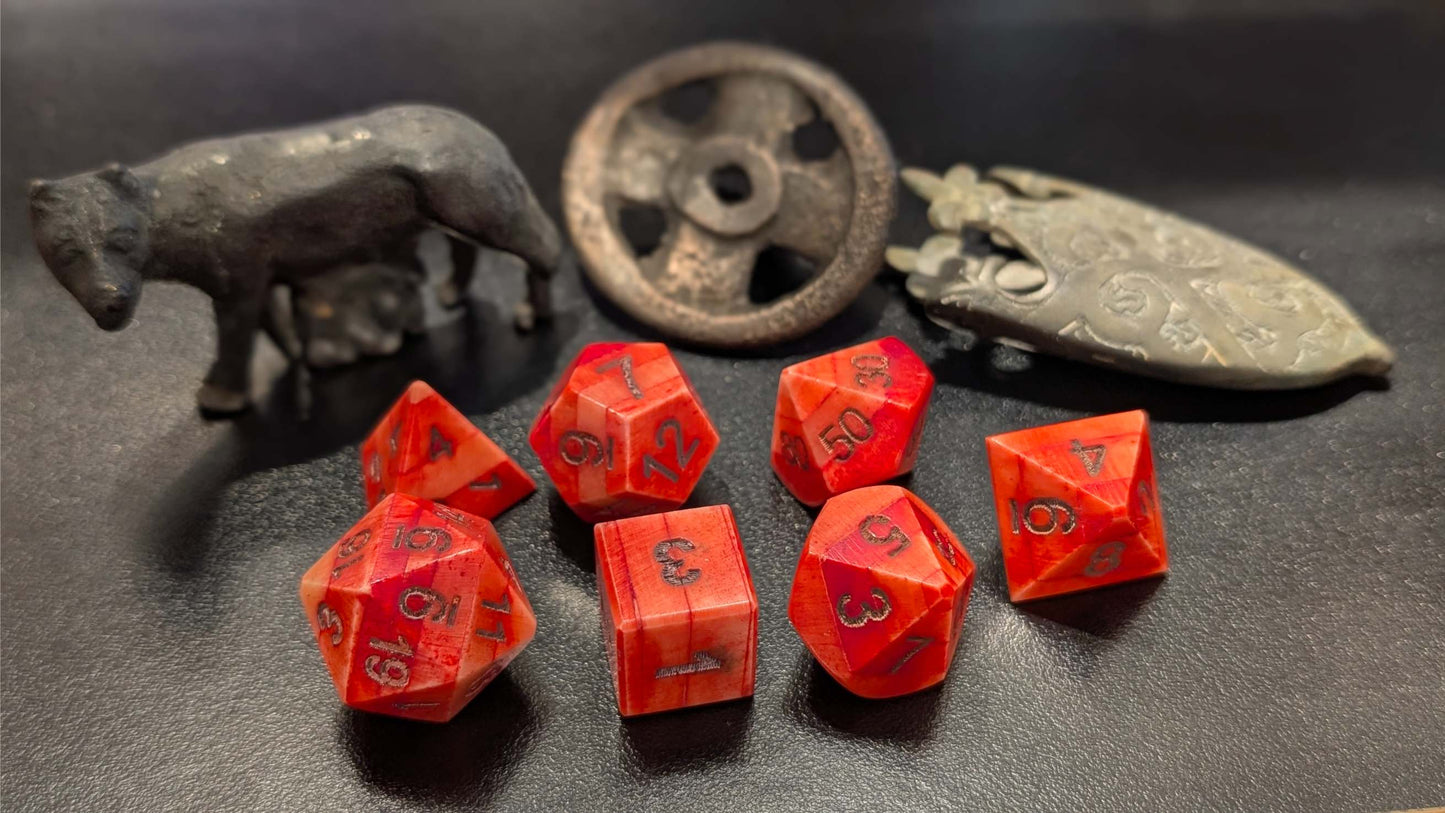 Project! Dragon Blood Hand-Carved DnD Dice Set in Patinated Bone with Leather Bag – Natural RPG Dice