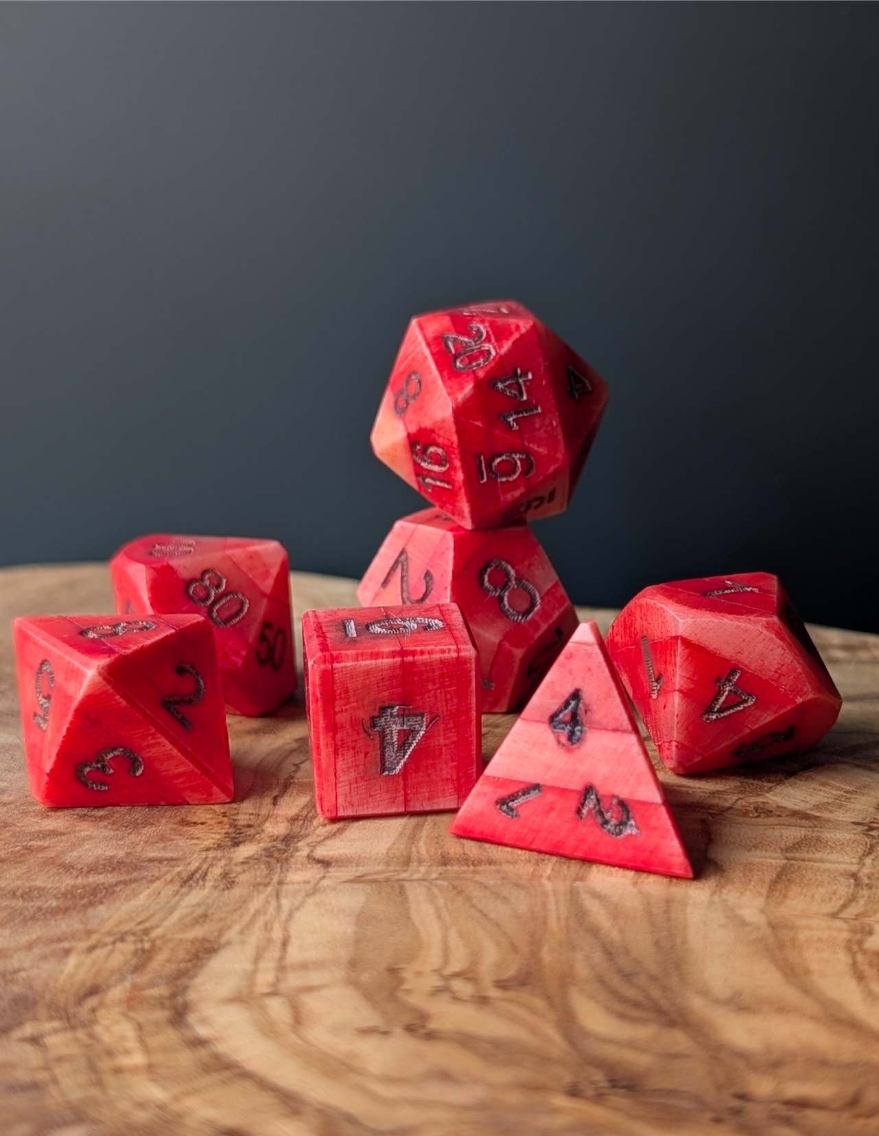 Project! Dragon Blood Hand-Carved DnD Dice Set in Patinated Bone with Leather Bag – Natural RPG Dice