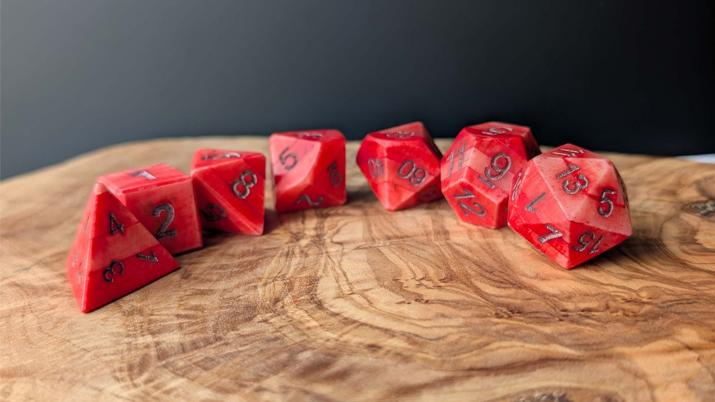 Project! Dragon Blood Hand-Carved DnD Dice Set in Patinated Bone with Leather Bag – Natural RPG Dice