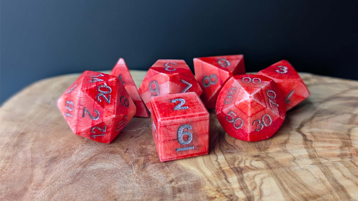 Project! Dragon Blood Hand-Carved DnD Dice Set in Patinated Bone with Leather Bag – Natural RPG Dice