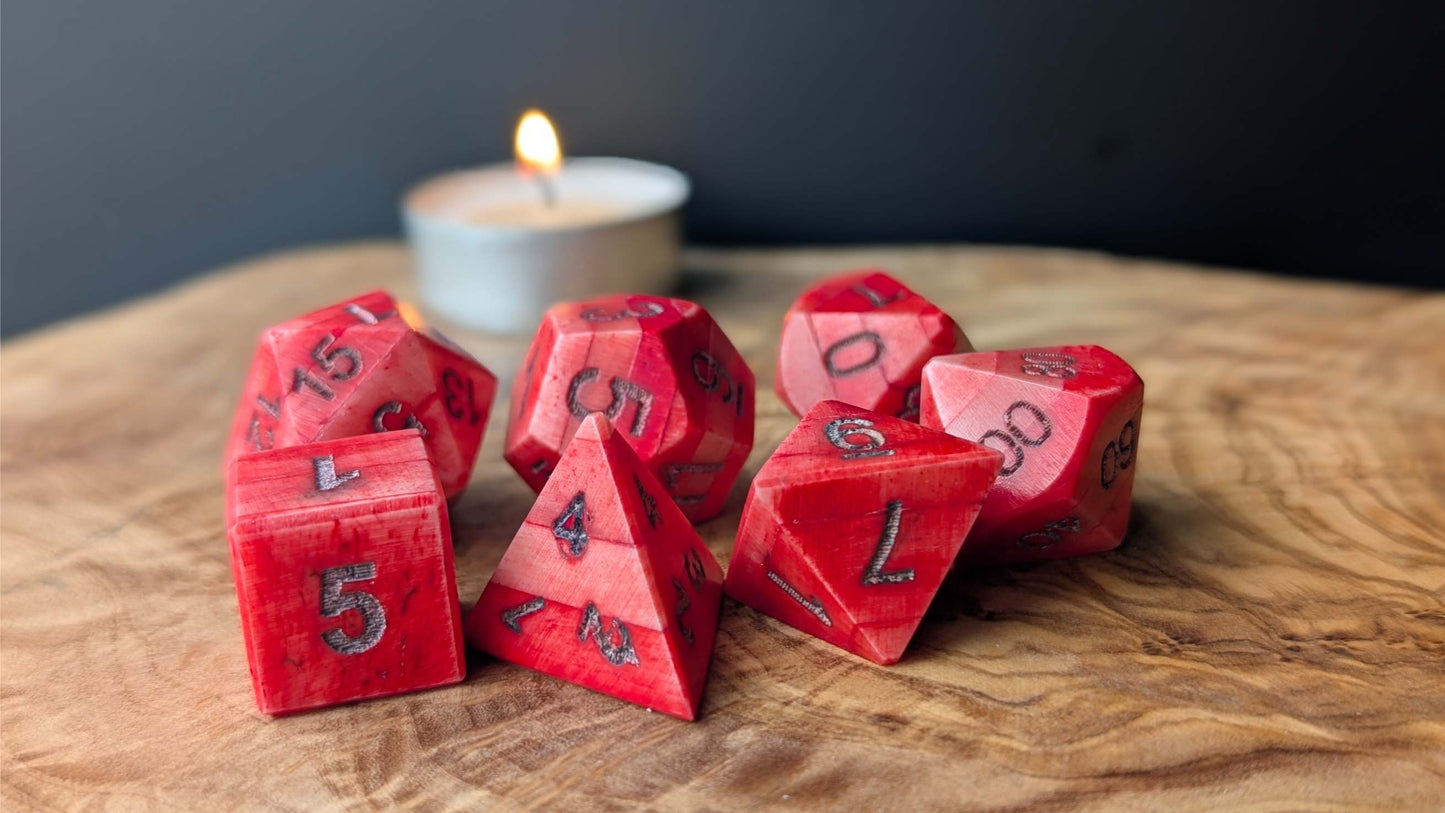 Project! Dragon Blood Hand-Carved DnD Dice Set in Patinated Bone with Leather Bag – Natural RPG Dice