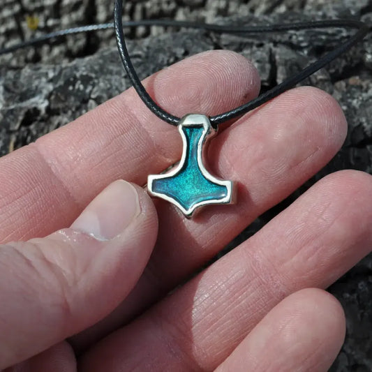 Thor’s Hammer Amulet with Turquois Enamel – Pewter Mjolnir Pendant