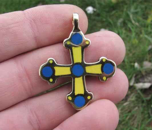 Kyivan Rus Cross Pendant in Reclaimed Brass – Blue & Yellow Enamel