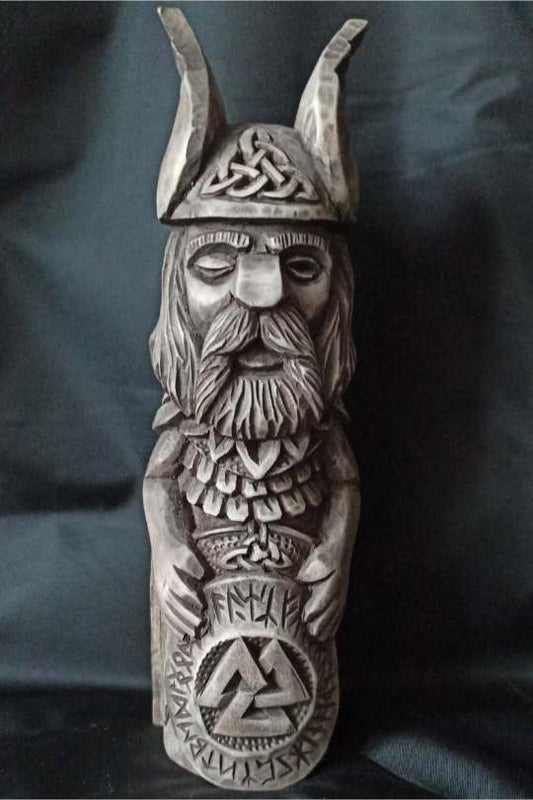 Hand-Carved Odin Statue in Linden Wood with Valknut – Norse God Figurine (23 cm)