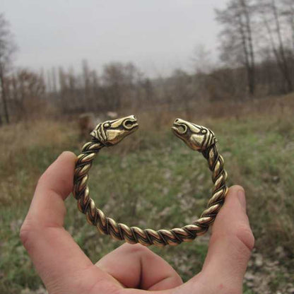 Gotland Twisted Viking Bracelet with Horse Heads – Handmade Brass