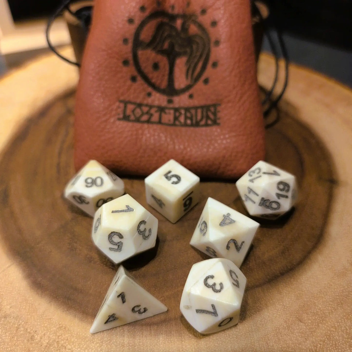 Hand-Carved Cuttle Bone DnD Dice Set with Leather Bag