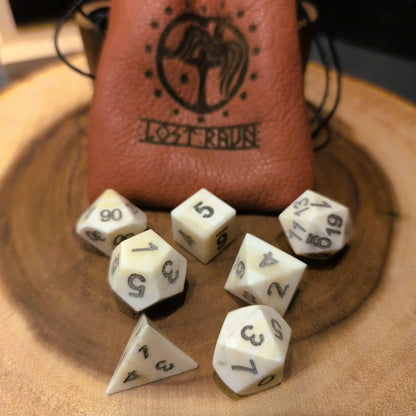 Hand-Carved Cuttle Bone DnD Dice Set with Leather Bag