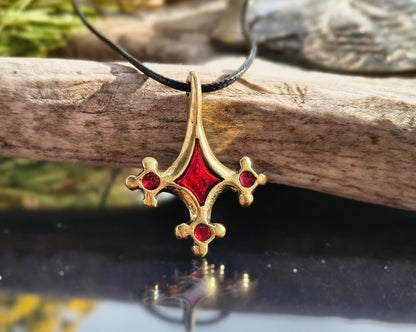 Roman-Period Geometric Brass Pendant, Red Enamel, Lost-Wax Cast Metal Necklace