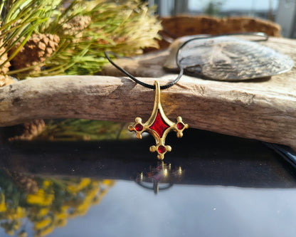 Roman-Period Geometric Brass Pendant, Red Enamel, Lost-Wax Cast Metal Necklace