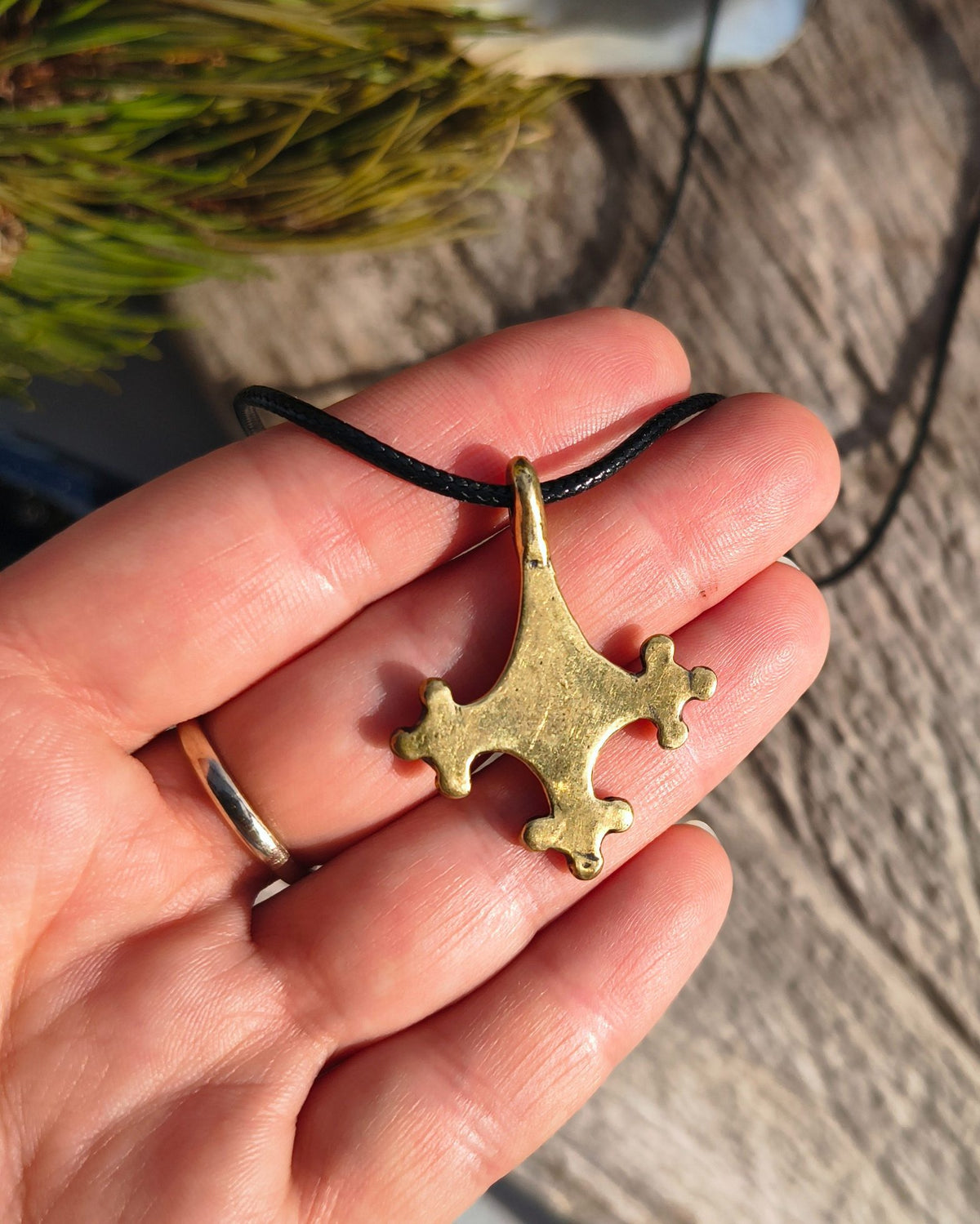 Roman-Period Geometric Brass Pendant, Red Enamel, Lost-Wax Cast Metal Necklace