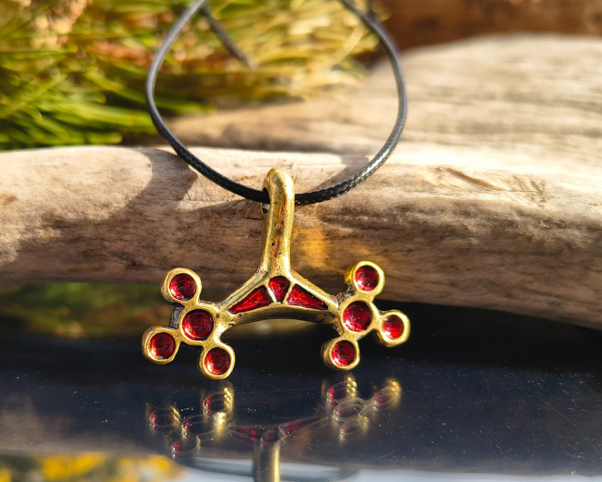 Roman Era Moon Pendant, Medieval Jewellery, Brass, Red hot enamel