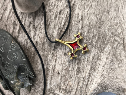 Roman-Period Geometric Brass Pendant, Red Enamel, Lost-Wax Cast Metal Necklace