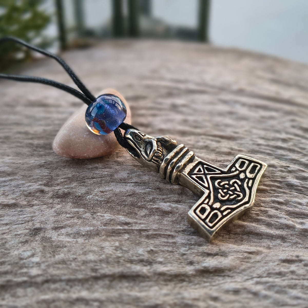 Thor Hammer Pewter Dragon Head with Bead