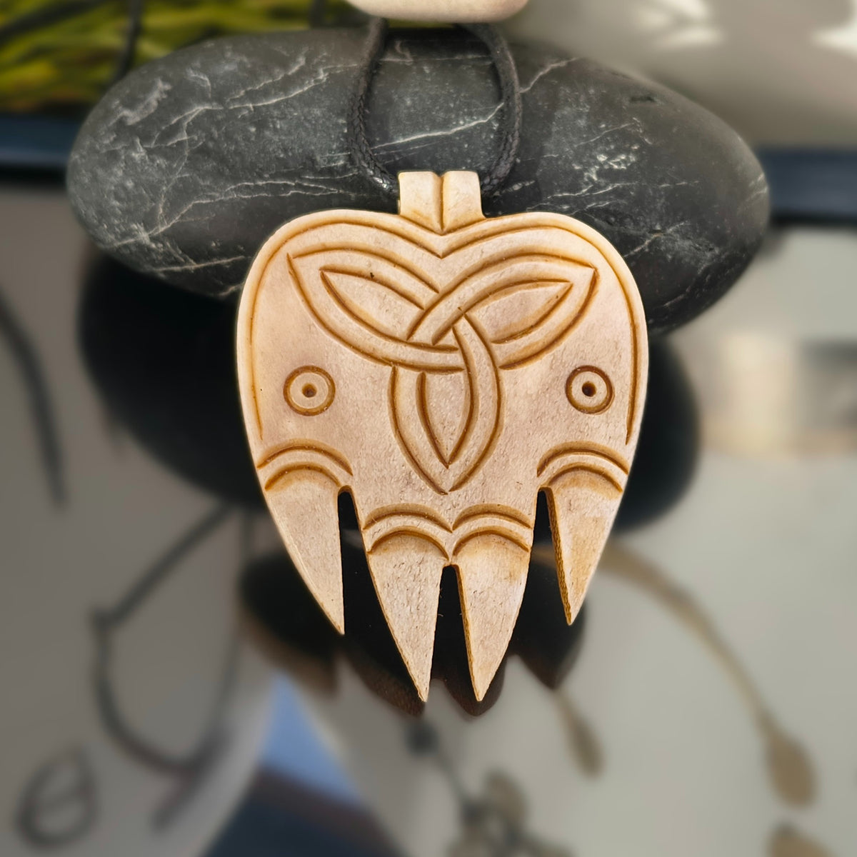Bear Paw Pendant with Celtic Knot & Algiz Rune – Hand-Carved Deer Antler Necklace