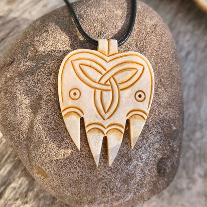 Bear Paw Pendant with Celtic Knot & Algiz Rune – Hand-Carved Deer Antler Necklace