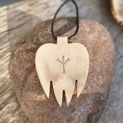 Bear Paw Pendant with Celtic Knot & Algiz Rune – Hand-Carved Deer Antler Necklace