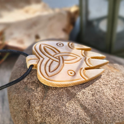 Bear Paw Pendant with Celtic Knot & Algiz Rune – Hand-Carved Deer Antler Necklace