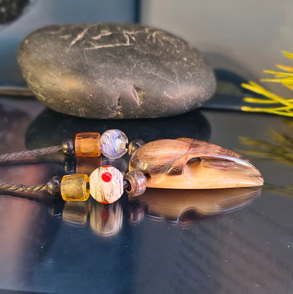 Raven Skull Necklace – Hand-Carved Buffalo Horn Pendant with Glass Beads | Viking Jewellery