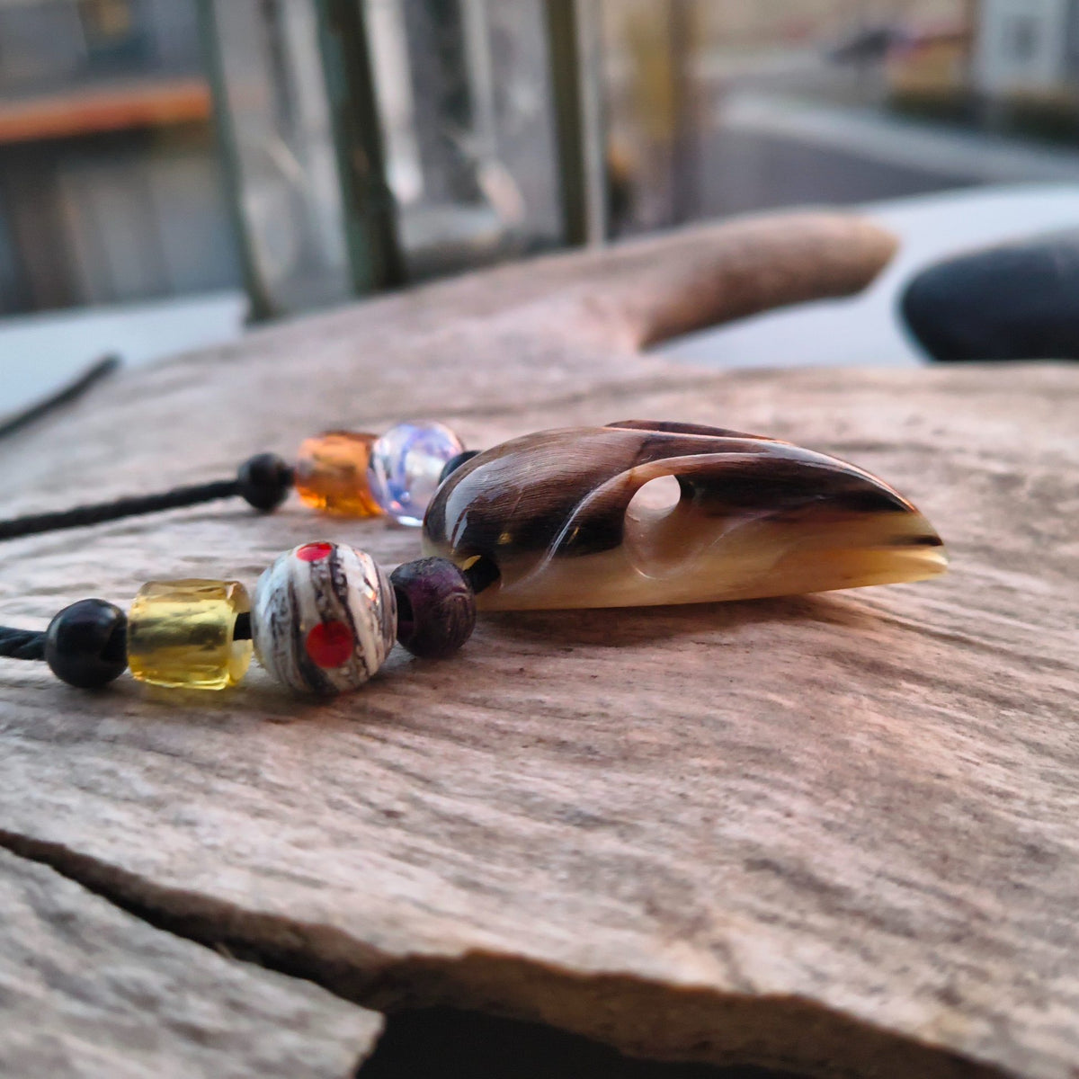 Raven Skull Necklace – Hand-Carved Buffalo Horn Pendant with Glass Beads | Viking Jewellery