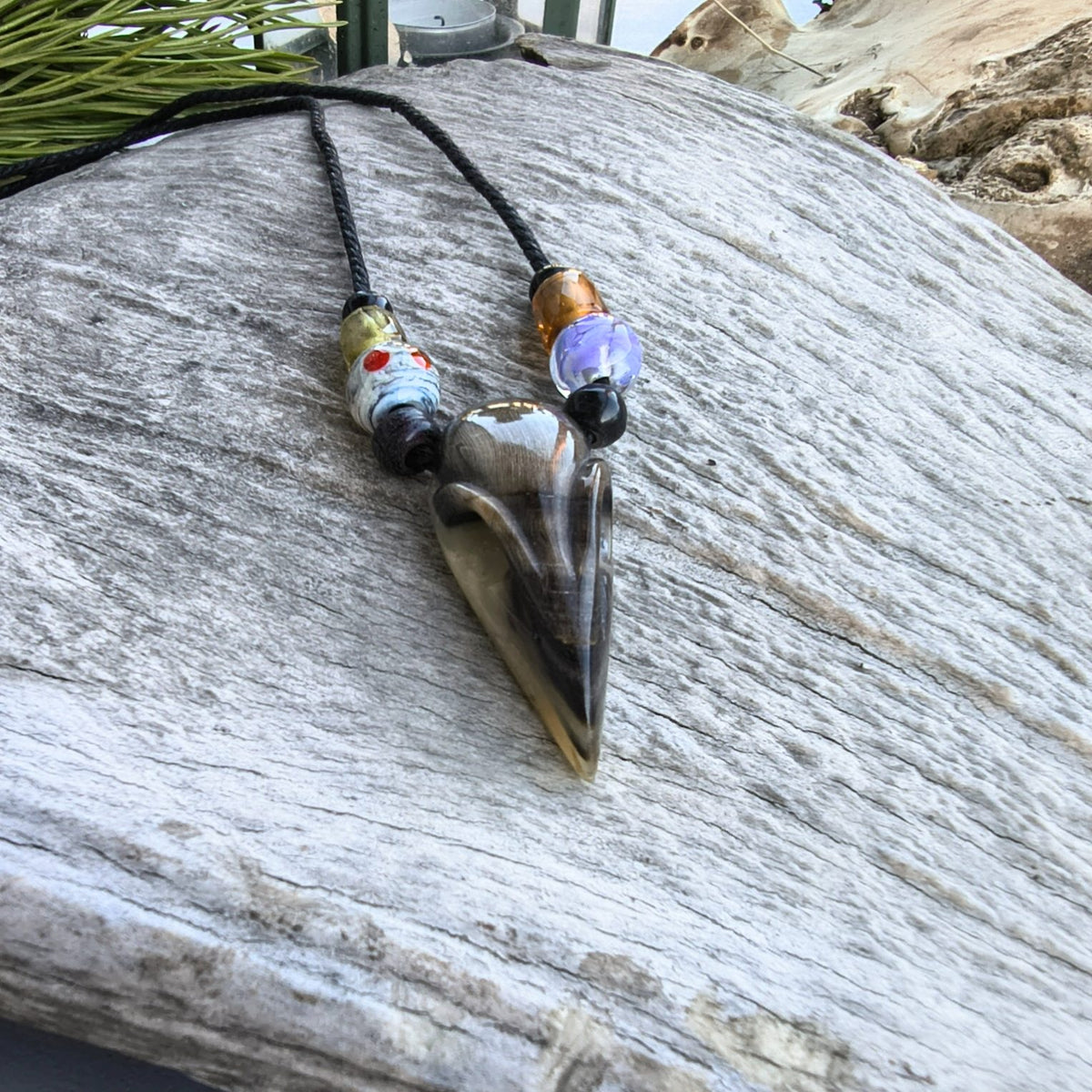 Raven Skull Necklace – Hand-Carved Buffalo Horn Pendant with Glass Beads | Viking Jewellery
