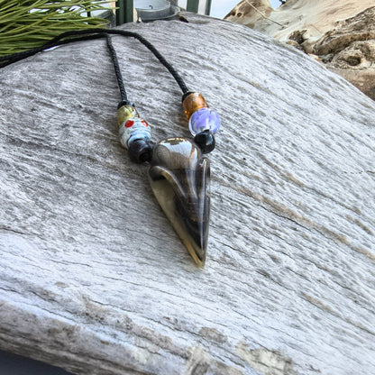 Raven Skull Necklace – Hand-Carved Buffalo Horn Pendant with Glass Beads | Viking Jewellery