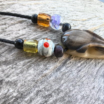 Raven Skull Necklace – Hand-Carved Buffalo Horn Pendant with Glass Beads | Viking Jewellery