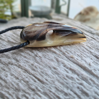 Raven Skull Necklace – Hand-Carved Buffalo Horn Pendant with Glass Beads | Viking Jewellery