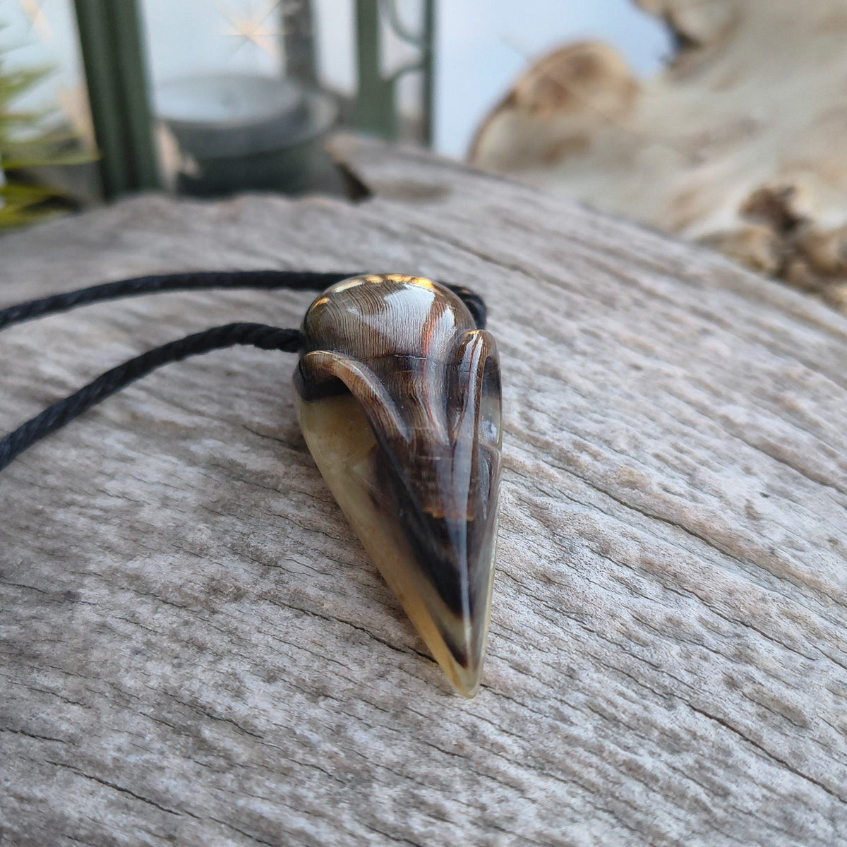 Raven Skull Necklace – Hand-Carved Buffalo Horn Pendant with Glass Beads | Viking Jewellery