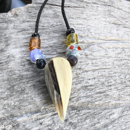 Raven Skull Necklace – Hand-Carved Buffalo Horn Pendant with Glass Beads | Viking Jewellery