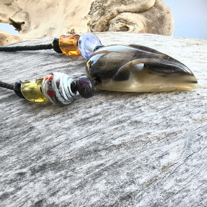 Raven Skull Necklace – Hand-Carved Buffalo Horn Pendant with Glass Beads | Viking Jewellery