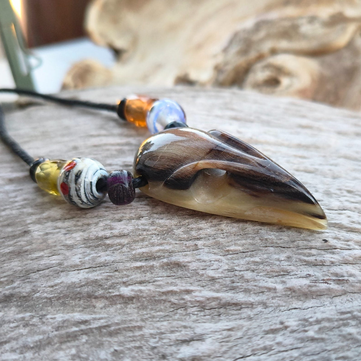 Raven Skull Necklace – Hand-Carved Buffalo Horn Pendant with Glass Beads | Viking Jewellery