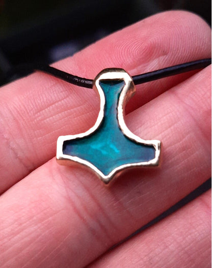 Mjolnir Amulet from Ukraine – Green Enamel Brass Thor’s Hammer