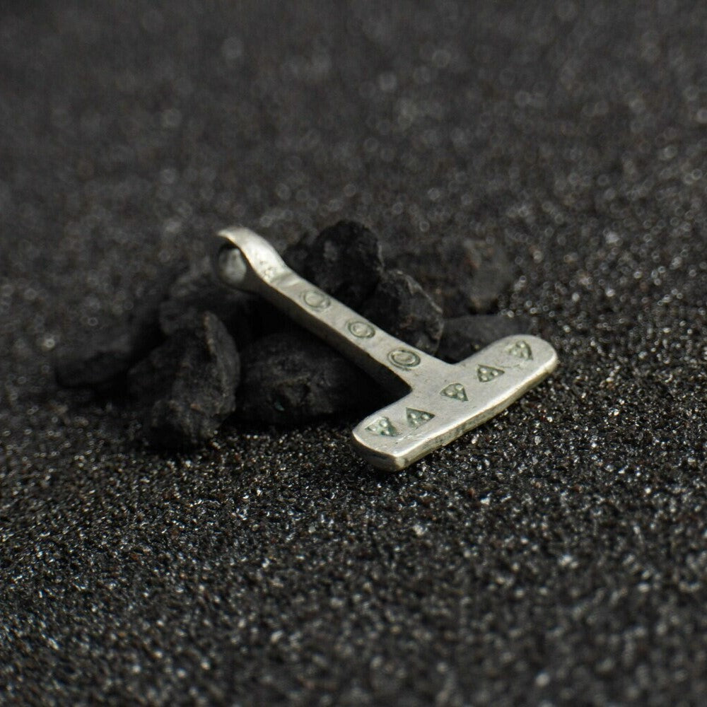 Miniature Viking Silver Mjolnir Pendant – Hand-Forged Norse Thor’s Hammer with Wolf & Solar Symbols