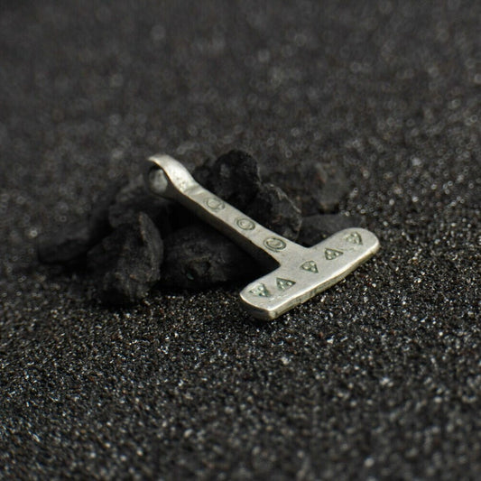 Miniature Viking Silver Mjolnir Pendant – Hand-Forged Norse Thor’s Hammer with Wolf & Solar Symbols