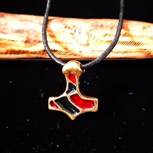 Mjolnir Amulet from Ukraine – Black & Red Enamel Brass Thor’s Hammer