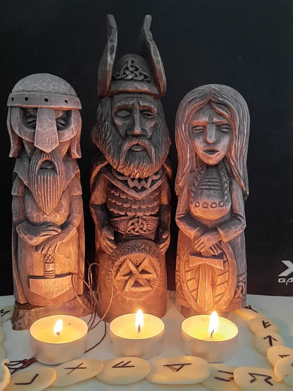 Hand-Carved Norse Gods Statues – Odin, Thor & Freyja in Linden Wood