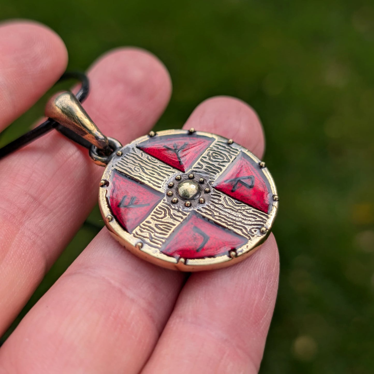 Viking Shield Pendant with Runes – Red Enamel Brass Amulet